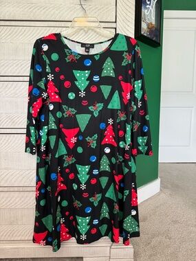 Black Christmas Tree Print Swing Dress - Red & Green Holiday Pattern